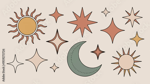 Minimalist boho style celestial elements collection with sun moon and stars in simple line art on beige background