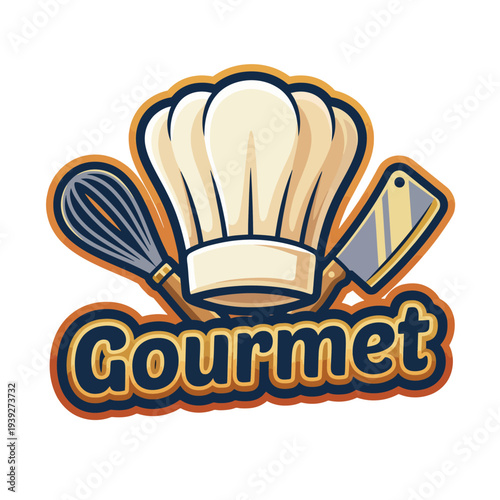 A stylish gourmet logo featuring a chef's hat and essential cooking utensils, symbolizing culinary expertise and sophistication for food lovers and chefs alike.