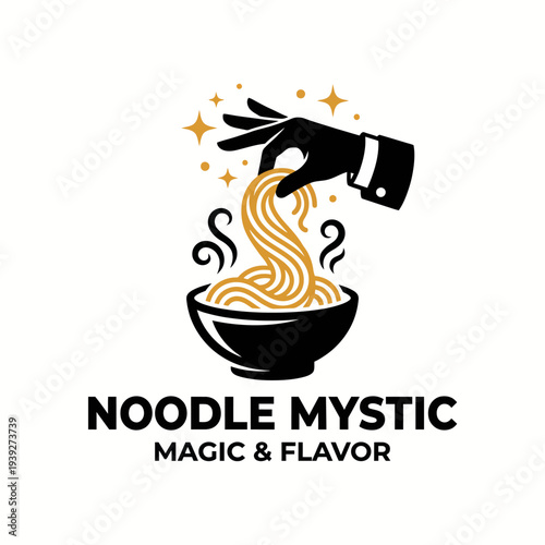 An elegant logo showcasing a hand magically pulling noodles from a bowl, evoking a sense of culinary enchantment and creativity in the world of flavors and delights.