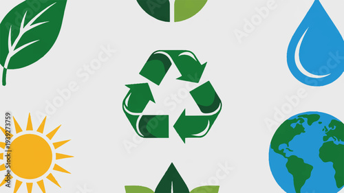 Ecology themed icons collection including recycling symbol green leaf water drop earth sun and eco friendly concepts on white background for environmental conservation