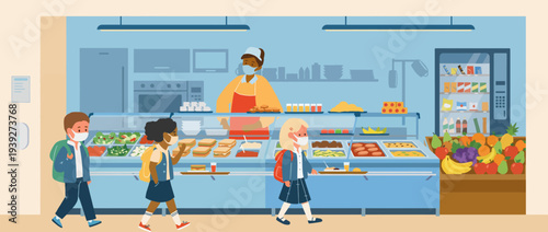 A cheerful illustration of children in a school cafeteria, engaging with staff and enjoying healthy food options, highlighting a vibrant and friendly school environment.