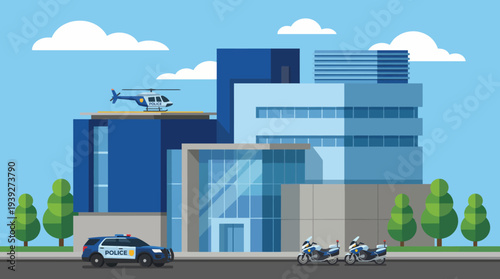 A vibrant and colorful illustration of a modern police station with vehicles, showcasing an urban environment that emphasizes security and community safety effectively.