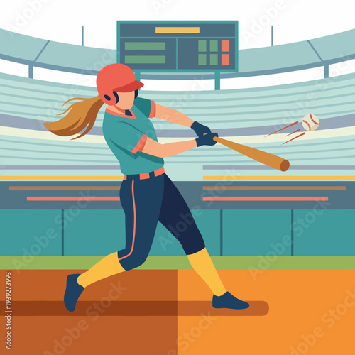 A vibrant illustration of a female baseball player swinging a bat, capturing the energy and excitement of a game in a modern and artistic style.