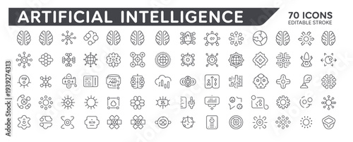 Comprehensive set of 70 editable stroke line icons for artificial intelligence and technology concepts.