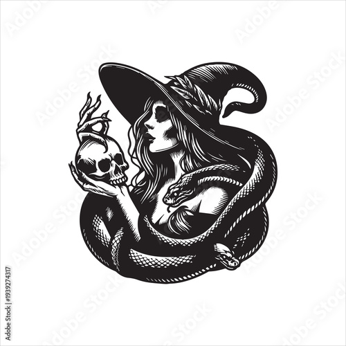 A black and white illustration of a witch with a snake wrapped around her body holding a skull with a flame on top, wearing a pointed hat, against a clean white background.