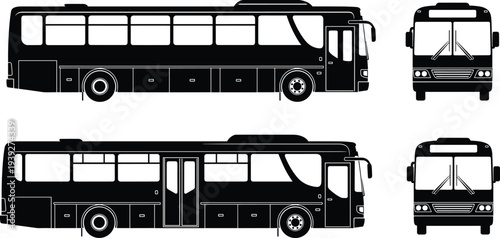 Black bus silhouette vector set featuring side and front view of public city transport and intercity coach on white background