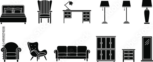 Black Furniture Icons Set Featuring Bed Chair Desk Floor Lamps Sofa Wardrobe Nightstand and Mirror Silhouettes for Interior Design and Home Decor