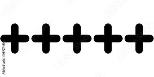 Five black plus symbols aligned horizontally with equal spacing between each symbol. Vector