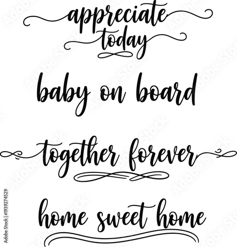 Four decorative phrases written in elegant cursive script on a white background