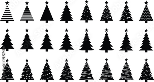 Set of black Christmas tree silhouettes with various decorative patterns and styles isolated on white background for holiday season graphic design projects
