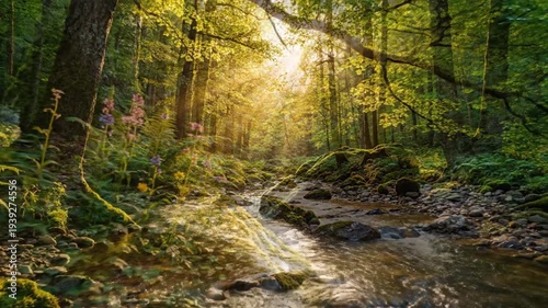 Tranquil sunlit forest stream winding through mossy rocks and lush ferns