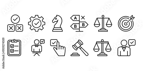 Assorted icons representing various legal and business concepts and activities Vector