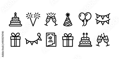 Assorted party and celebration icons including gifts, cakes, and decorations Vector