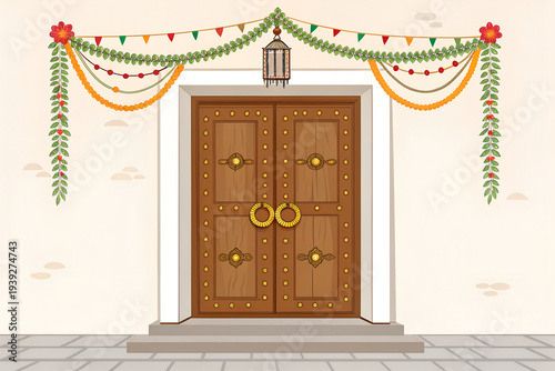 Indian courtyard house entrance, wooden door with brass rings, festive toran decoration, minimal vector graphic style