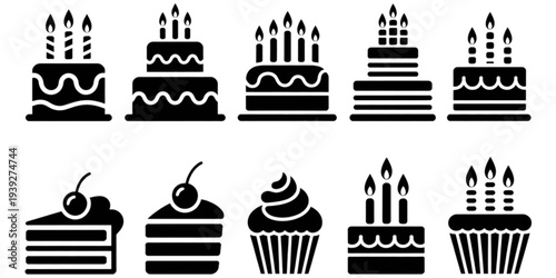 Assorted cupcakes and cakes with candles and decorations in black and white Vector