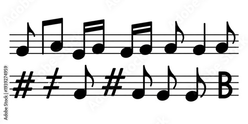 A collection of musical notes featuring quarter, eighth, and half notes with sharps and flats Vector