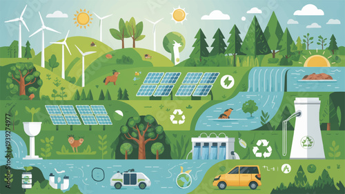 Sustainable eco friendly landscape illustration with renewable energy sources green technology and recycling symbols in a vibrant natural setting