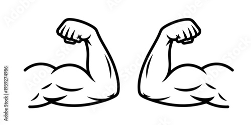 A detailed illustration of two muscular arms flexing their biceps side by side. Vector