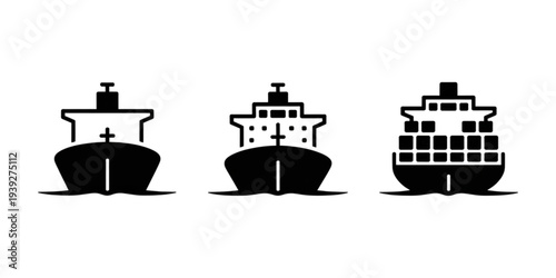 Three different types of ships illustrated in a simple black and white line art style. Vector