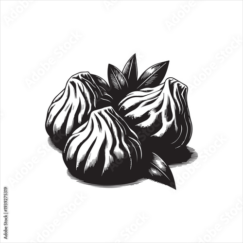 Black and white illustration of a bunch of garlic bulbs with leaves on a plain white background, in a vector design style.