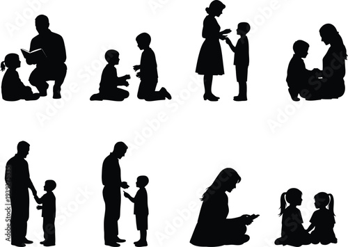 Silhouette illustrations of parents and children in various bonding activities