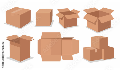 Cardboard shipping box mockup collection with open and closed cartons and fragile packaging symbols vector set