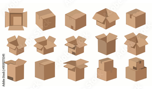 Shipping carton packaging boxes set with open sealed and stacked cardboard box mockups vector illustration