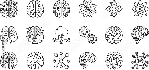Brain Icon Set, Science and Innovation Symbols, Neurology and Artificial Intelligence Vector Illustration, Creative Mind Technology Elements, CAD Drawing, Flat Vector