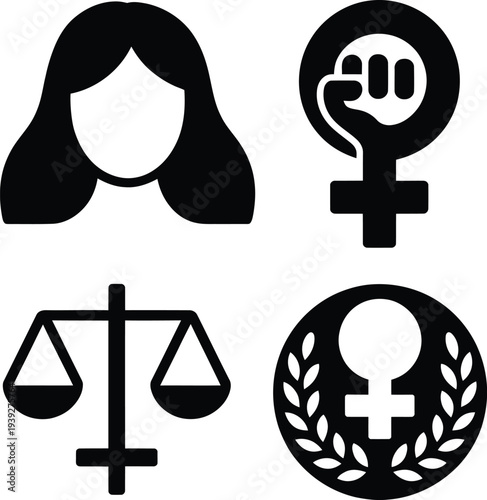 Feminism Symbol Set with Scales and Female Icons on White