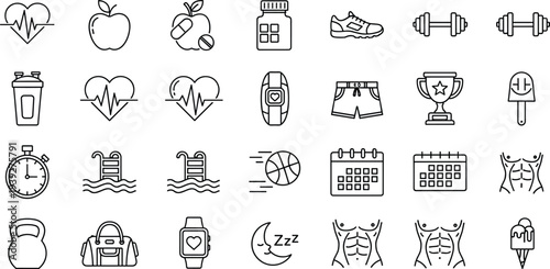 Health and Fitness Icon Set, Gym Workout Symbols, Wellness and Nutrition Vector Illustration, Line Art Sports Equipment Elements, CAD Drawing