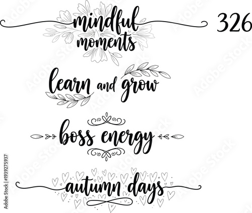 Four handwritten quotes on a white background with decorative elements