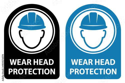 Wear head protection safety signs with hard hat icons on white background