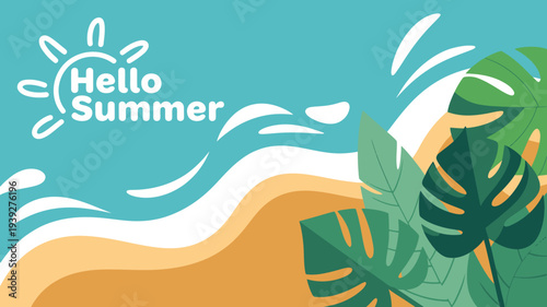 Hello Summer tropical beach background with palm leaves and sunny sky