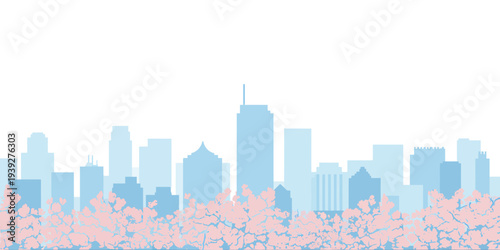 City skyline with blue buildings and pink cherry blossoms trees