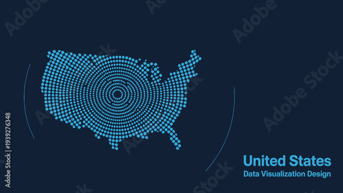 United States map data visualization design with blue dots on dark background