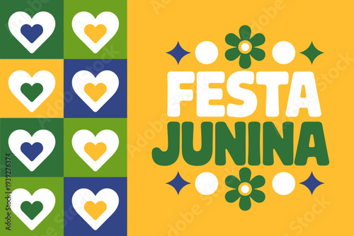 Festa Junina colorful festive graphic design with hearts and flowers on yellow background