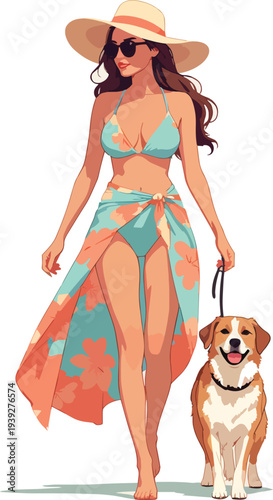 donna con pareo e in costume da bagno mentre porta a passeggio il cane vettoriale 