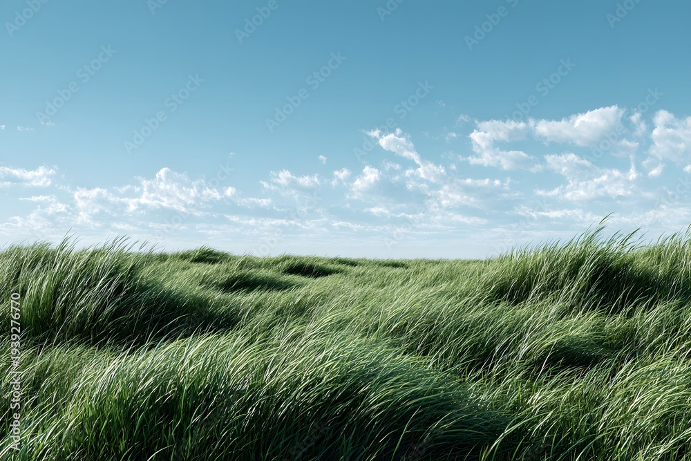 Fototapeta premium Grassland with tall green grass evokes peace and freedom beneath a clear sky ideal for nature.
