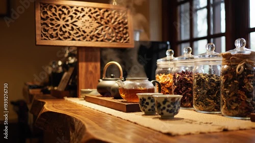 Warm dimly lit cafe corner with ornate wooden lattice, teapot, glass jars of tea blends