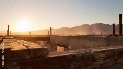 Vibrant dusk street scene in a weathered ruin with colorful peeling walls and scaffolding