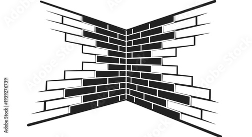 Abstract Brick Wall Corner Illusion, Black and White Geometric Pattern