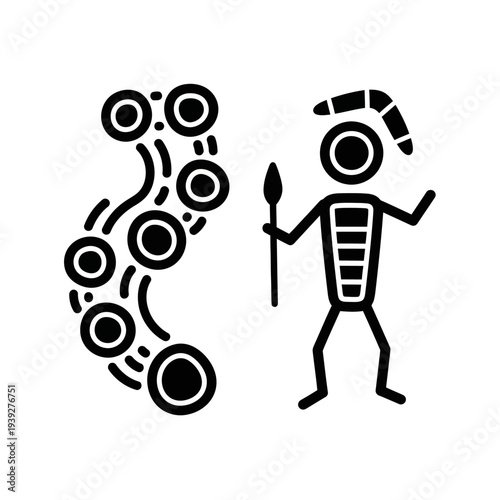 Aboriginal Art Style Figure with Spear and Boomerang, Ancient Symbols