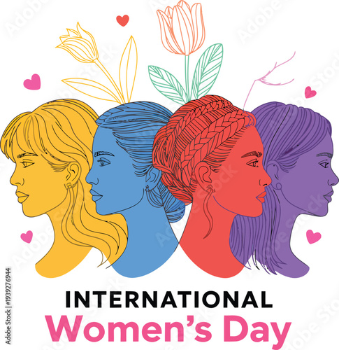 International Womens Day Diverse Women Profiles with Flowers and Hearts