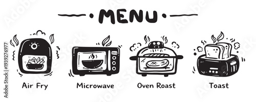 Menu icon set for food categories, hand drawn, vector illustration.
(Air Fry, Microwave, Oven Roast, Toast)