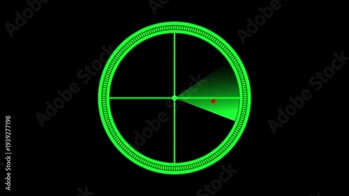 futuristic green radar scanning interface with a rotating sweep displayed in a modern HUD style. alpha channel background for easy compositing and seamless looping. Ideal for navigation, security, etc