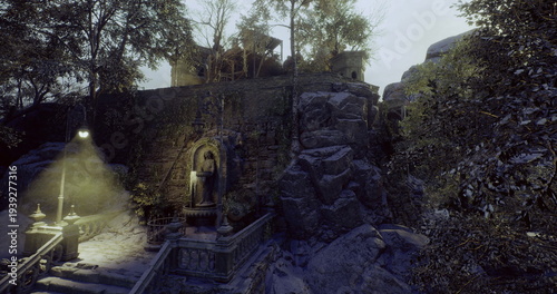 Foto lanternlit ancient stairway with carved arch and mossy rocks, conservator inspec