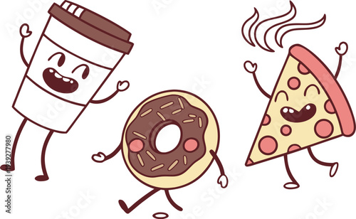 A cheerful coffee donut and pizza slice are depicted as dancing characters with smiling faces