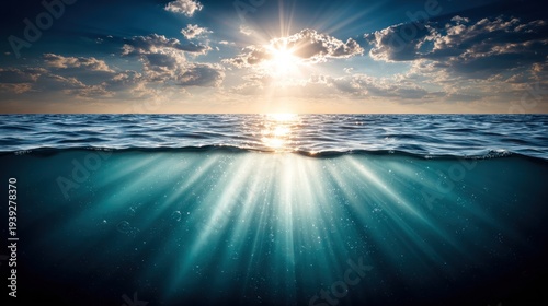 Sunlight Rays Shining Through Ocean Water Surface.