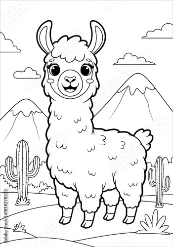 Adorable cartoon llama standing in a desert landscape with mountains and cacti in the background vector graphic illustration