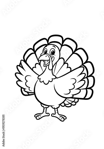Simple black and white vector illustration of a cartoon turkey with a proud expression showcasing its feathers